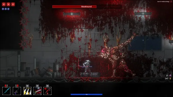 A dark, gothic scene with a large, menacing creature in the center. The creature has sharp teeth and glowing red eyes. There are smaller creatures hanging from the ceiling, creating an eerie atmosphere. A character is standing in front of the creature, holding a weapon. The background features industrial elements like pipes and machinery. The color palette consists mainly of dark tones with red accents.