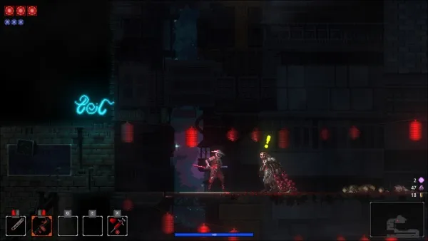 A pixel art style video game scene set in a dark, neon-lit urban environment. Two characters are engaged in combat on a rooftop at night, with one character casting a spell and the other preparing to attack. The player's health bar is visible at the bottom of the screen, along with various skill icons and a minimap. The background features a cityscape with buildings, windows, and a glowing sign that reads "Get".