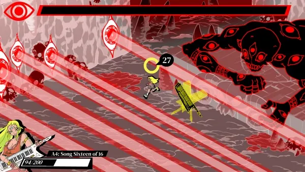 This is a screenshot from a video game featuring an anime-style character with long blonde hair, wielding a guitar as a weapon. The character is engaged in combat against multiple enemies that have red eyes and skeletal features. There are red laser beams shooting towards the character, and a large, menacing creature with multiple eyes is approaching. The scene includes Japanese text elements such as "A4: Song Sixteen of 16" and a health bar at the bottom left corner showing "94/200". The overall color scheme is dark with red accents.