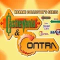 A vibrant and colorful graphic design featuring the titles "Castlevania" and "Contra" from the Konami Collector's Series. The background is a bright orange with a sunburst effect, and there are various logos and text elements related to the games, including "Super Contra," "Dracula X," and "Cybernator." The overall style is retro and nostalgic, evoking the classic 8-bit and 16-bit gaming era.