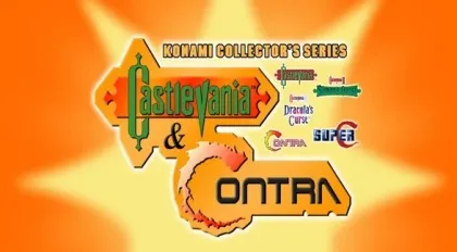 A vibrant and colorful graphic design featuring the titles "Castlevania" and "Contra" from the Konami Collector's Series. The background is a bright orange with a sunburst effect, and there are various logos and text elements related to the games, including "Super Contra," "Dracula X," and "Cybernator." The overall style is retro and nostalgic, evoking the classic 8-bit and 16-bit gaming era.
