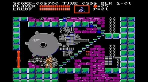 This is a classic 8-bit video game scene featuring a maze-like environment with various obstacles and enemies. The player character, depicted in orange, is navigating through the levels while avoiding hazards such as purple brick walls and mechanical structures. There are also green blocks that may serve as platforms or collectibles. The top of the screen displays essential gameplay information like score, time remaining, lives, and other status indicators. The overall aesthetic evokes nostalgia for retro gaming consoles from the late 70s to early 90s.

