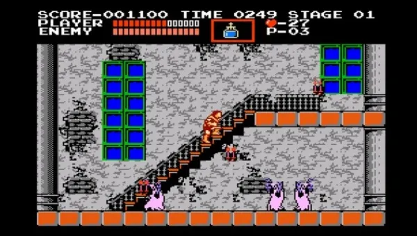"An 8-bit style video game scene with a player character climbing stairs, multiple enemy characters on the ground, and a score display at the top. The background features a gray stone wall with blue windows and green doors. The player's health is indicated by red bars, and there are various game statistics such as time and stage displayed."
