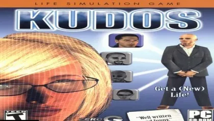A life simulation game cover art featuring a woman with glasses and a man in a suit, with the title "KUDOS" prominently displayed. The tagline "Get a New Life!" is visible, along with an ESRB rating of "Everyone" and a PC logo. The background includes blurred images of other characters.