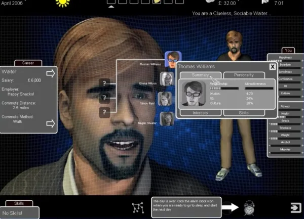 A virtual reality interface with a 3D avatar of a man in a suit, showing his profile and skills. The background is dark blue with various information panels including career, salary, employer, commute distance, and method of transport. The date is April 2006, and the time is 7:01 AM. The user's personality traits are displayed as Adhesiveness, Curiosity, and Culture. There are also options to view other avatars and their profiles.