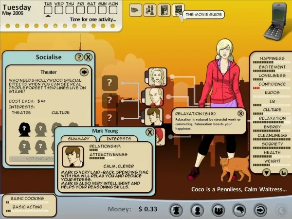 A woman in a red jacket and black pants with a cat, standing next to a character named Mark Young who is described as calm, clever, and very laid-back. The scene includes various game elements like a calendar, socializing options, and a happiness meter. The background features a cityscape and a phone icon.