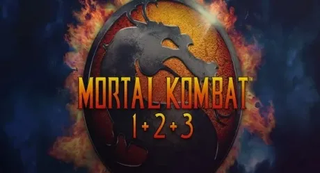 A fiery dragon emblem with the text "Mortal Kombat 1, 2, and 3" in bold, yellow letters against a dark background. The dragon is depicted in shades of black and orange, surrounded by flames that add to the intense atmosphere.
