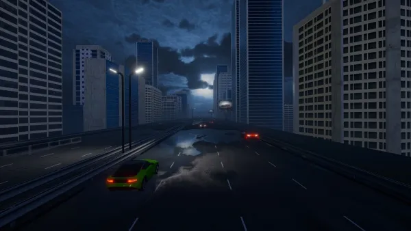 A futuristic cityscape at night with towering skyscrapers, a highway with cars and a flying vehicle, dark blue sky with clouds, streetlights illuminating the scene.