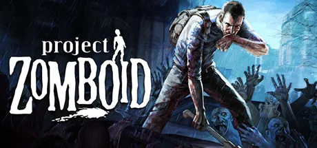 A man with a backpack, holding a weapon, standing in front of a cityscape with zombies rising from the ground. The scene is dark and eerie, with a blue tint to the sky. The text "Project Zomboid" is prominently displayed at the top left corner.