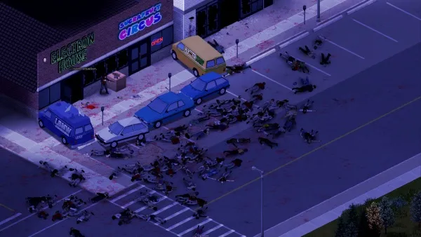 A top-down view of a post-apocalyptic scene with a shopping center, including a "Burger King" and an "Electron House," surrounded by numerous zombies. The parking lot is filled with abandoned cars, and the street is littered with debris and more zombies. The overall atmosphere is dark and eerie, with a purple hue dominating the image.
