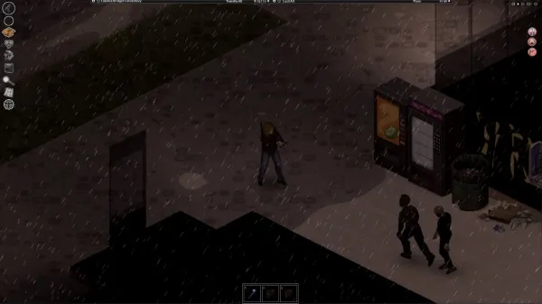 A dark, rain-soaked urban scene at night with a group of people walking on the sidewalk. The atmosphere is tense and mysterious, with a sense of foreboding. There are various elements such as a vending machine, trash can, and a building in the background. The image has a low-light setting with a moody ambiance.