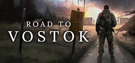 A soldier stands on a desolate road, back to the viewer, facing a war-torn cityscape with smoke rising in the background. The scene is set at dusk or dawn, with a muted color palette of greens and grays. A yellow warning sign is visible on the left side of the image. The text "ROAD TO VOSTOK" is prominently displayed across the center of the image.