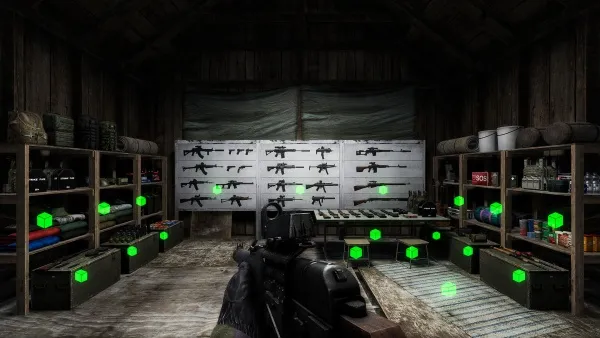 A first-person perspective of a character holding a gun in a dimly lit, rustic room filled with various items and weapons. The room has wooden shelves on both sides, stocked with ammunition boxes, food supplies, and other gear. A large poster featuring silhouettes of different firearms is displayed on the back wall. Green glowing hexagons are scattered throughout the scene, possibly indicating points of interest or objectives. The overall atmosphere is tense and mysterious.