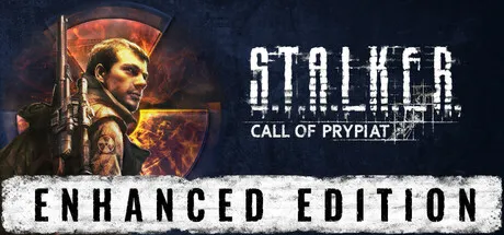 A soldier in a post-apocalyptic setting, holding a rifle with a backpack. The background features a large circular symbol with flames and a dark sky. The text "STALKER: CALL OF PRYPATI" is prominently displayed, along with the words "ENHANCED EDITION" at the bottom. The overall color scheme includes shades of blue, orange, and black.