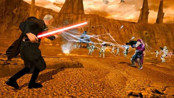 A dramatic scene from a science fiction video game, featuring a character with white hair wielding a red lightsaber in battle against multiple adversaries. The setting is an alien desert landscape with towering rock formations and a fiery sky. The characters are engaged in intense combat, with energy blasts and laser beams flying through the air. The atmosphere is tense and action-packed, capturing the essence of a high-stakes conflict.