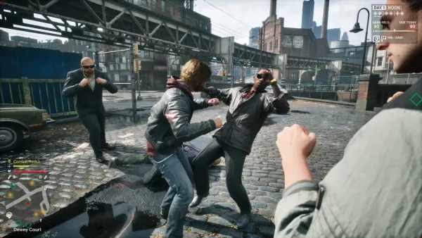 A group of people are engaged in a street fight. The setting is an urban environment with industrial buildings and a wet cobblestone street. One person is wearing a black leather jacket, another has a red scarf, and there's a car parked nearby. The scene appears to be from a video game, as indicated by the heads-up display elements like health bars and mini-map.