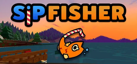 A cartoon fish with a question mark on its body, wearing a striped hat and holding a fishing rod. The background features a sunset over a lake or river with trees and mountains in the distance. The title "Sip Fisher" is displayed prominently at the top of the image.