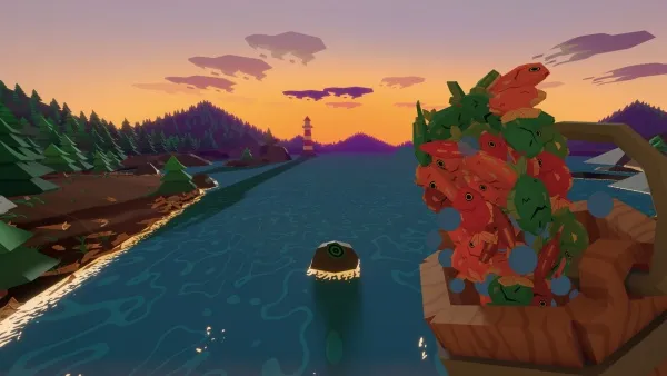 A serene sunset over a river with a lighthouse in the distance, lush green trees lining the banks, and a boat carrying a large basket of colorful fish. The sky is painted with hues of orange and purple, reflecting on the calm water below.