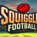 A vibrant and dynamic football logo featuring the word "Squiggle" in bold, stylized letters with a red football motif above it. The background showcases a blurred stadium scene with bright lights illuminating the field, creating an energetic sports atmosphere.