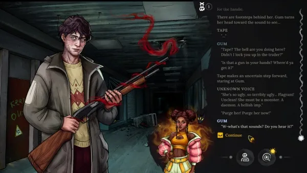 A man in a gray coat and yellow sweater holding a gun with red flames coming out of it, standing in an abandoned building. A woman in pink clothing with black hair is running towards him, her eyes glowing with fire. The background shows a dark alleyway with graffiti on the walls.