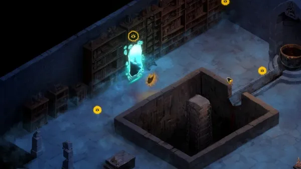 A top-down view of a mystical library with glowing blue shelves, ancient tomes, and a mysterious glowing orb in the center. The room is dimly lit by candles and has a stone floor with a large square pit in the middle. Yellow markers indicate points of interest or objectives.