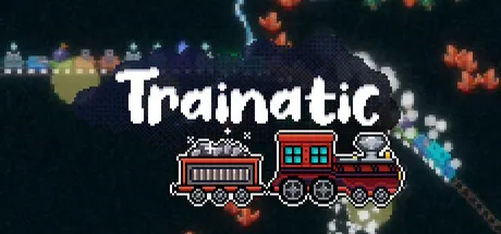 A pixel art style illustration of a train with the word "Trainatic" above it, set against a dark background with colorful lights. The train is red and has two cars, one with windows and another with smoke coming out of its chimney.