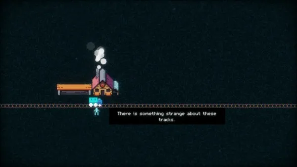 A pixel art scene featuring a small train station with a red roof and smoke coming out of the chimney, next to an orange bench. A character stands on the tracks in front of the station, looking up at the sky. The background is dark with white specks resembling stars or snowflakes. There's a dialogue box that reads "There is something strange about these tracks."