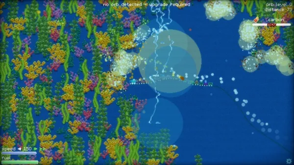A vibrant underwater scene with colorful coral reefs, a lightning bolt striking through the water, and various marine life forms. The image also includes game interface elements such as speed, fuel, distance, and orb level indicators.