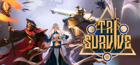 "Fantasy characters, a wizard with a staff and a warrior in golden armor, against a mystical backdrop. The game title 'Tri Survive' in bold, stylized letters."