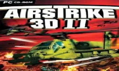A dynamic and intense scene featuring a military helicopter in action, with explosions and fire in the background. The image is for "AirStrike 3D II," a PC CD-ROM game, showcasing a dramatic and high-energy combat scenario.
