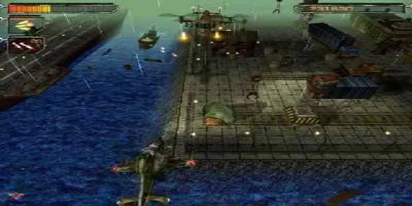 A futuristic battle scene with a fighter jet flying over a war-torn cityscape, featuring explosions and debris. The sky is darkened by smoke and the sea reflects the chaos below. The game interface elements are visible in the top corners, indicating an action-packed shooter game.