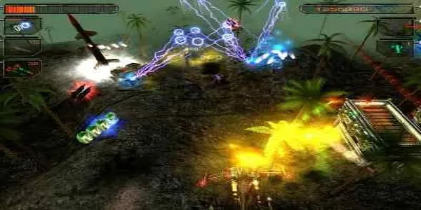 A futuristic battle scene with vibrant energy beams and glowing effects, set in a tropical environment with palm trees and a dark sky. The image features various elements such as a health bar at the top left corner, an ammunition counter on the right side, and a mini-map in the upper right corner. There are multiple characters engaged in combat, using different weapons and abilities to attack each other. The overall atmosphere is intense and dynamic, with a focus on action and strategy.
