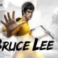 A dynamic and powerful image of Bruce Lee in a yellow jumpsuit, breaking through glass with his hand. The background is shattered glass, emphasizing the intensity and strength of his action. The text "Bruce Lee" prominently displayed at the bottom.