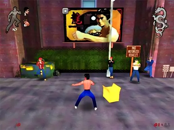 A video game scene featuring a martial arts character in blue pants and no shirt, performing a move with a yellow object. The background includes a large screen displaying an image of Bruce Lee, a green dumpster, and several onlookers. There are also various graffiti elements such as a dragon and other characters on the walls.