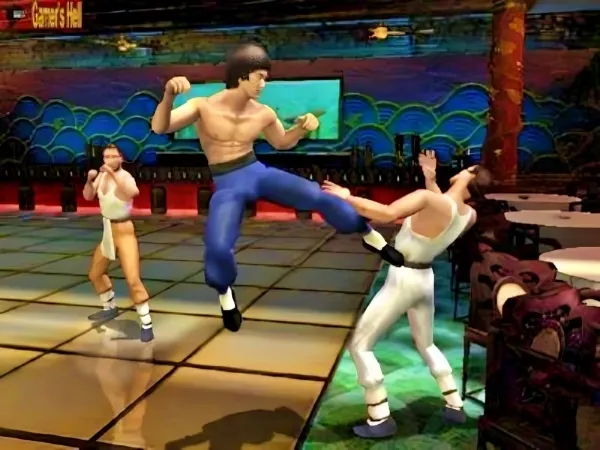 A dynamic scene from a video game featuring three characters engaged in martial arts combat. The central figure is executing a high kick, while the other two are poised for action. The setting includes a bar-like environment with tables and chairs, and a large screen displaying a wave pattern in the background. The characters are dressed in traditional martial arts attire, with one wearing blue pants and another in white. The image captures the intensity and energy of the fight.