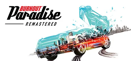 A high-energy, action-packed scene featuring a car in mid-air with its doors open and wheels spinning. The background includes a cityscape with skyscrapers and palm trees. The image is vibrant and dynamic, with motion lines indicating speed and excitement. The text "Burnout Paradise Remastered" suggests it's related to the video game of the same name.