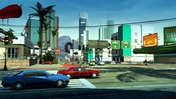 A bustling city street scene with a mix of modern and retro elements. The image features a variety of vehicles, including a blue car in the foreground and a red car further back. There are palm trees lining the street, adding a tropical touch to the urban setting. Tall buildings with reflective glass windows tower over the scene, while smaller shops and businesses line the ground level. Brightly colored billboards and signs add vibrancy to the environment. The sky is clear and sunny, casting sharp shadows on the pavement.