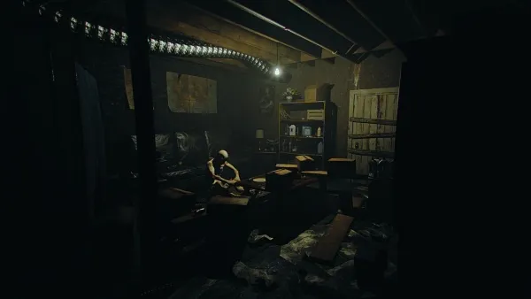 A dimly lit basement room with a single figure sitting on the floor, surrounded by scattered debris and broken furniture. The atmosphere is eerie and abandoned, with shadows cast by a single light source from above. The walls are covered in peeling paint and graffiti, adding to the sense of decay and neglect. A bookshelf filled with various items stands against one wall, while a large window reveals a darkened exterior. The overall mood is one of desolation and mystery.