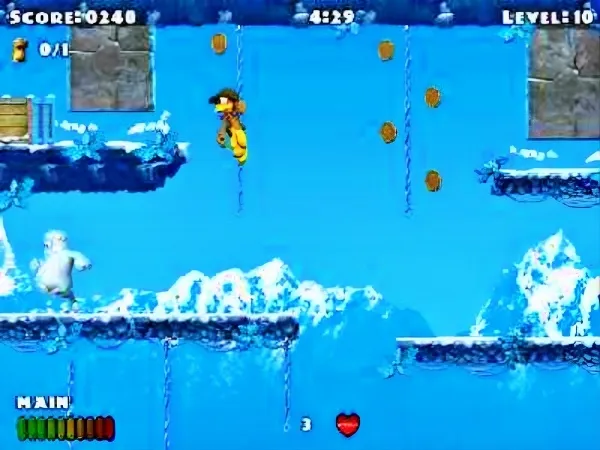 A video game scene featuring a character in a winter setting with snow-covered platforms, ice formations, and falling coins. The character is jumping on a rope, and there are penguins present. The screen displays a score of 0240, time at 4:29, level 10, and health indicators.