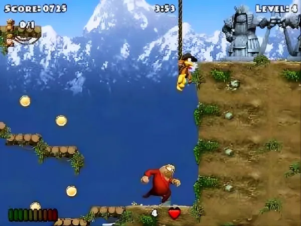 A video game scene featuring a character in red clothing running on platforms, with a yellow coin and a green bar at the bottom. The background shows a snowy mountain landscape, and there is a score display of 0725 and a timer showing 3:53. The level indicator reads "LEVEL 4".