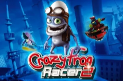 A cartoon frog with goggles and a racing helmet, standing in front of a cityscape background. The frog has large eyes and is smiling. There are other characters and vehicles in the background, including a small airplane and a pirate ship. The title "Crazy Frog Racer 2" is displayed prominently at the bottom of the image.