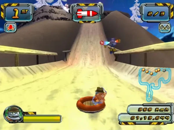 A snow-covered mountainous landscape with a ski slope, featuring a character in a brown outfit and hat riding a red sled. The scene includes a rocket icon, a speedometer showing 960 km/h, a timer at 01:13.544, and a progress bar indicating 2/3 completion. The background has snow-capped trees and a clear blue sky.