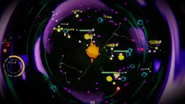 A futuristic space scene with a central orange spaceship surrounded by various other spaceships and objects. The background is dark, with purple and green light effects creating a sense of depth and movement. There are numbers and symbols floating around the ships, indicating distances or coordinates. A circular radar-like interface is visible on the left side of the image.