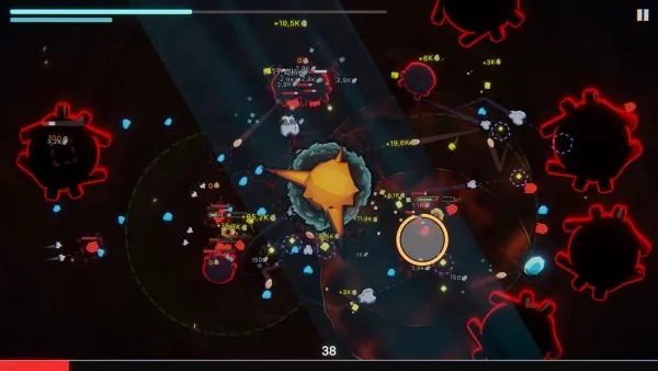 A futuristic space battle scene with various spaceships engaged in combat. The ships are of different sizes and types, some emitting bright beams of light while others explode in vibrant colors. Red outlines of enemy ships surround the central explosion, which is depicted as a large yellow star-like shape. The background is dark, suggesting the vastness of space, with scattered blue and white particles adding to the chaotic atmosphere. The top left corner features a health bar and other game interface elements.