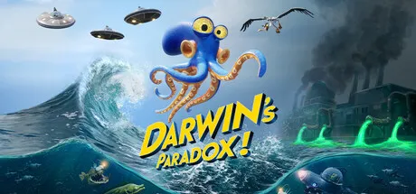 A whimsical underwater scene featuring a playful blue octopus with large eyes, surrounded by various sea creatures and futuristic elements like flying saucers. The ocean waves crash dramatically in the background, while an industrial facility emits smoke into the sky. Bright green energy beams pulse from the depths of the water, adding a touch of sci-fi mystery to the vibrant marine life. The title "Darwin's Paradox!" is prominently displayed in bold yellow letters, hinting at a story that blends natural evolution with unexpected twists.