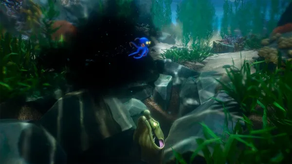 Underwater scene with a blue octopus, green plants, and rocks. The lighting is dim, creating an eerie atmosphere. The octopus has large eyes and is positioned near the center of the image. The background features a rocky path leading deeper into the water.