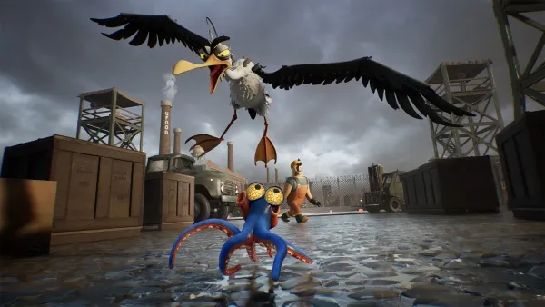 A dramatic scene featuring a large seagull with outstretched wings, a blue octopus-like creature with yellow eyes and red accents, and two animated characters in an industrial setting. The background includes a factory with smokestacks, a military vehicle, and a cloudy sky. The characters are positioned on wet ground, suggesting recent rain or flooding.