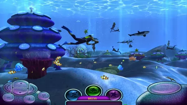 Underwater scene with a diver, sharks, and tropical fish. A large blue mushroom-like structure in the foreground. Bright sunlight filtering through the water. Game interface elements at the bottom: directional pad, action buttons, and health/energy bars. Colorful underwater environment with coral reefs and marine life.