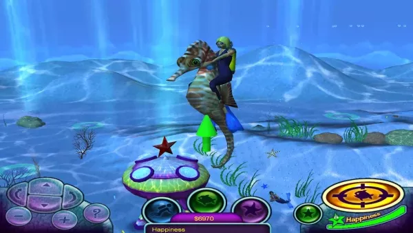 Underwater scene with a seahorse and a small green creature riding on it. The background features a blue oceanic environment with mountains, plants, and rocks. A starfish is present near the bottom left corner. The interface includes buttons for gameplay controls and a happiness meter at the bottom center. The overall color scheme is predominantly blue with vibrant accents.
