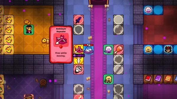 A top-down view of a strategic board game with various colorful characters and items. The game features a grid layout with different colored tiles, including purple, blue, red, and yellow. Characters are positioned on the grid, some with special abilities like "Godslayer Repeater" that fires while moving. Items such as coins, books, and other objects are scattered across the board. The scene is vibrant and dynamic, suggesting an engaging gameplay experience.